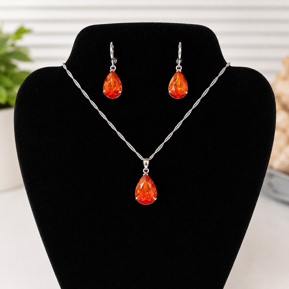 Orange Red Teardrop Crystal Necklace & Earrings Set Silver Rhinestone Jewelry